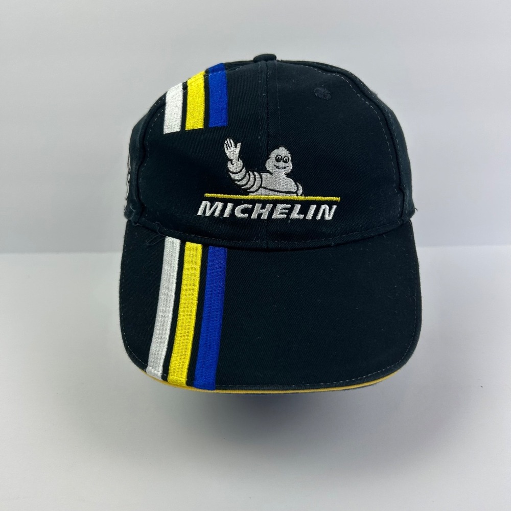 Vintage Michelin Man Hat Cap Strap Back Adjustable Black Nascar Striped Adult